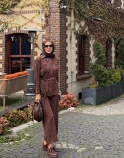 taş çizgili gömlek takım kahve