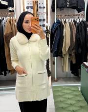 yaka kürk uzun hırka ekru 2