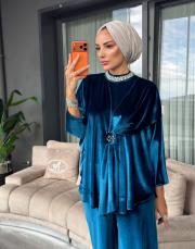 yakası taşlı kadife takım mavi 2