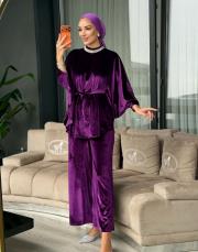 yakası taşlı kadife takım mor