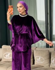 yakası taşlı kadife takım mor 2