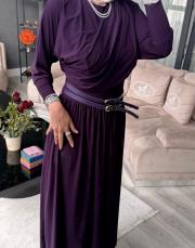 çift kemer detay elbise mor