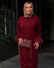 uzun elbise kolu tüylü bordo