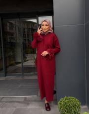 uzun elbise kolu tüylü bordo 2