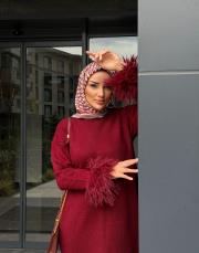 uzun elbise kolu tüylü bordo 3