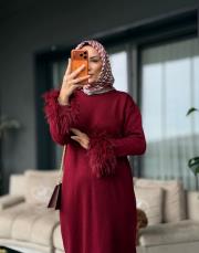 uzun elbise kolu tüylü bordo 4