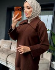 yarım fermuar pamuklu takım kahve 2