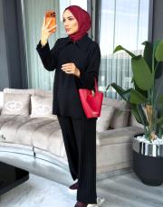 yarım fermuar pamuklu takım siyah