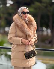 kürk yaka şişme mont ekru