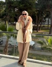 kapşon kürk şişme mont bej