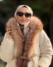 kapşon kürk şişme mont bej 2