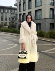 belden bağlamalı uzun kürk ekru